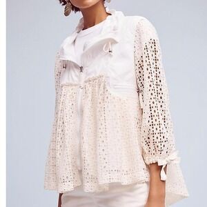 Anthropologie Hei Hei Eyelet Windbreaker Swing Jacket High Low Hem Embroidered L